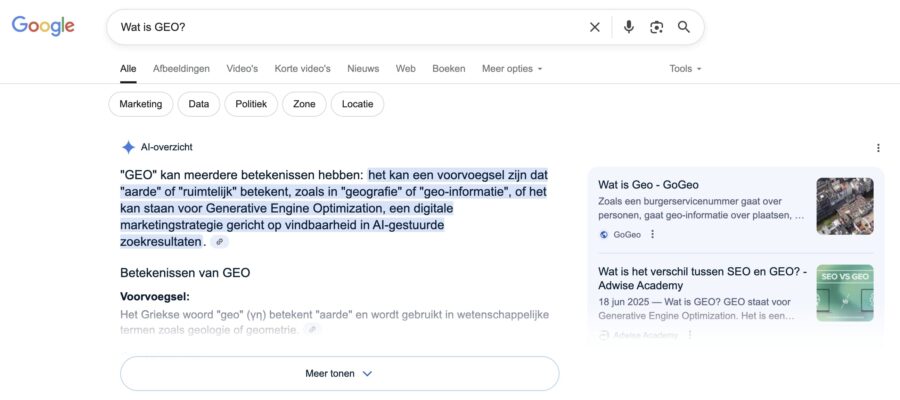 Wat is GEO? resultaat in Google met AI overview